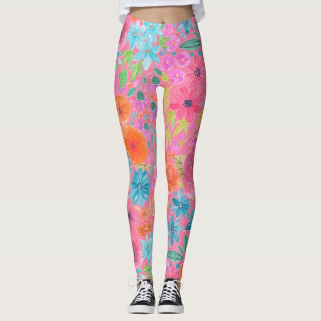 Legging Padrão de aquarelas flóricas a rosa (Frente)
