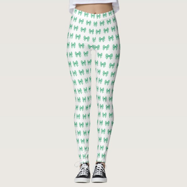 Legging Padrão de arco de gingham branco-verde (Frente)