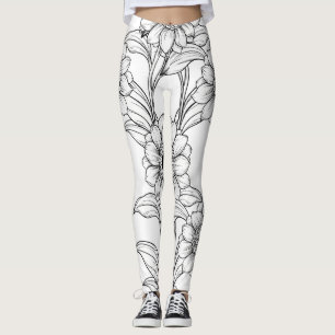 Legging Padrão de arte de linha floral preto e branco eleg