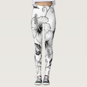 Legging Padrão de Arte de Linha Floral Preto e Branco Eleg