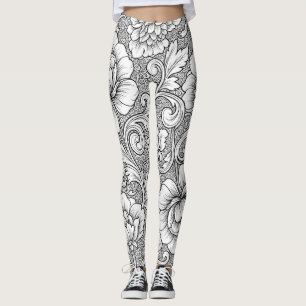 Legging Padrão de Arte de Linha Floral Preto e Branco Eleg