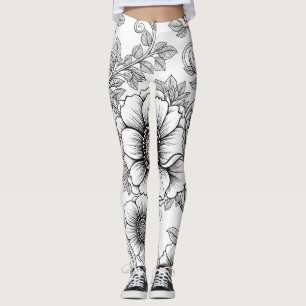 Legging Padrão de Arte de Linha Floral Preto e Branco Eleg