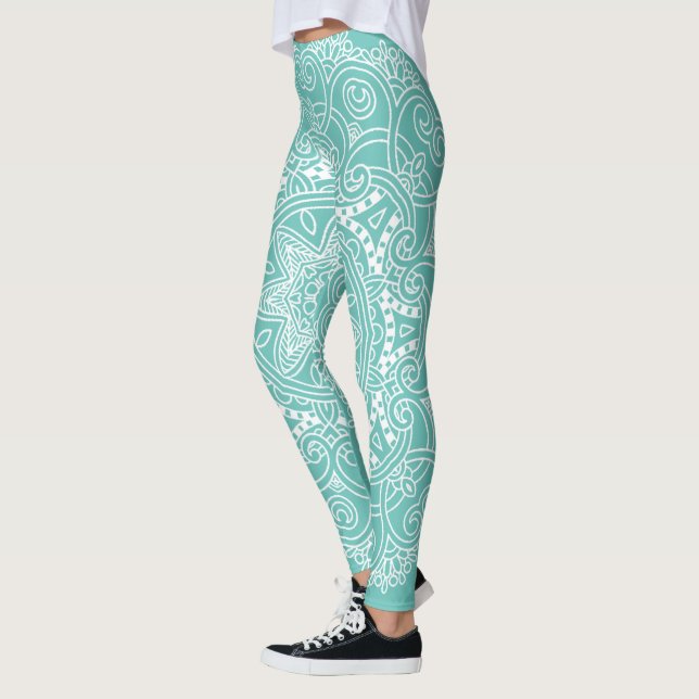 Legging Padrão De Arte De Mandala Branco Sobre Verde Azul  (Esquerda)