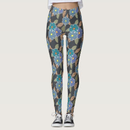 Legging Padrão de Arte Floral com Flores Periwinkle