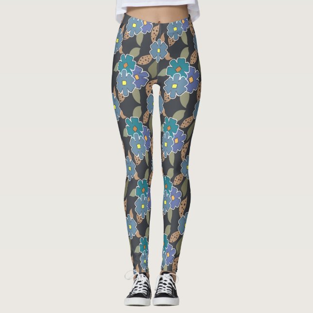 Legging Padrão de Arte Floral com Flores Periwinkle (Frente)