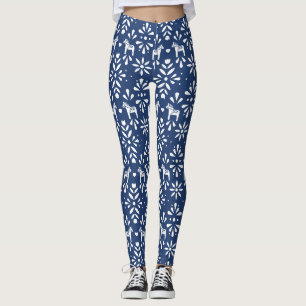 Legging Padrão de Arte Folclórica de Cavalo Azul e Branco