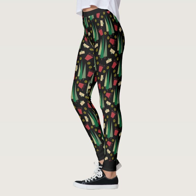 Legging Padrão de árvore de Natal caprichoso preto (Esquerda)