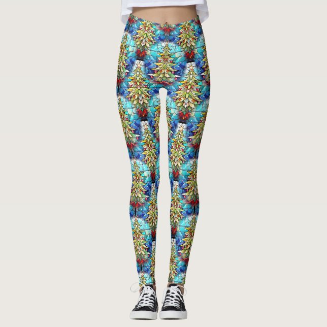 Legging Padrão de Árvore de Natal de Vibrante Bonito (Frente)