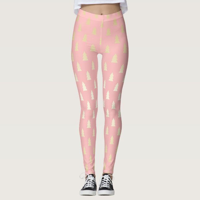 Legging Padrão de Árvore de Natal Elegante Dourada e rosa (Frente)