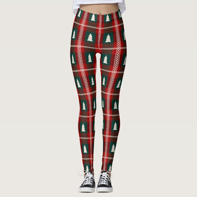 Legging Padrão de Árvore de Natal em Xadrez Patchwork (Frente)