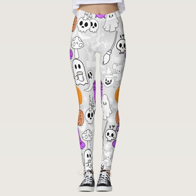 Legging Padrão de assustação de Halloween 01 cinza claro B (Frente)