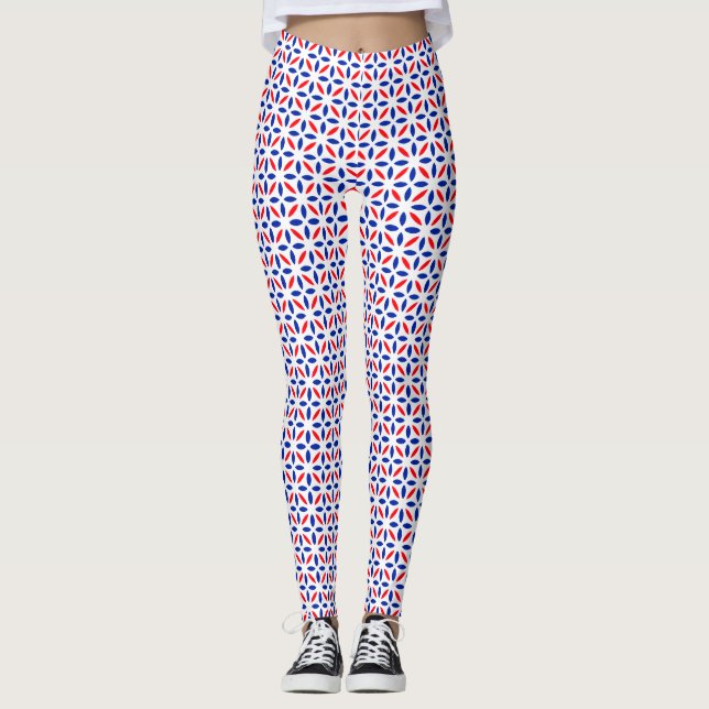 Legging Padrão de Azulejo branco vermelho e azul (Frente)