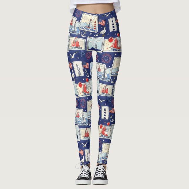 Legging Padrão de Azulejo de Corte de Papel Patriótico em  (Frente)