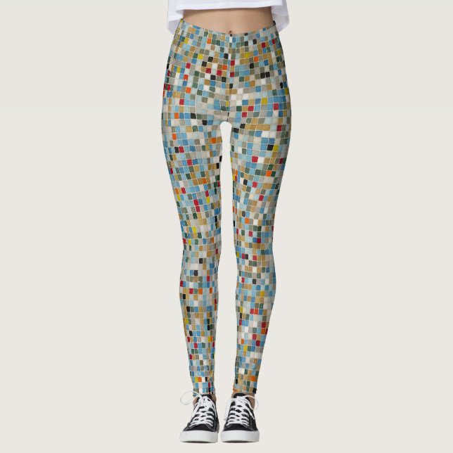 Legging Padrão de Azulejo multicolorido mosaico quadrado ( (Frente)