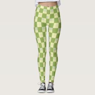 Legging Padrão de Azulejo Xadrez Verde e Creme