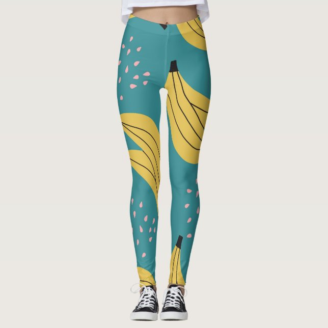 Legging Padrão de banana da safra, fundo azul. (Frente)