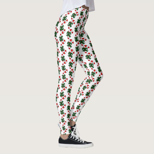 Legging Padrão de Bengala de Natal com Laços Verdes (Direita)