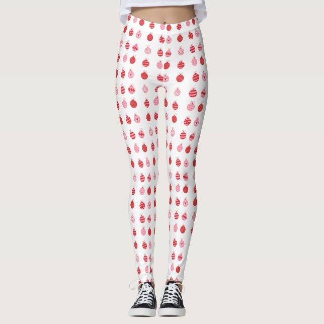 Legging Padrão de Bolas de Natal Rosa e Vermelho (Frente)