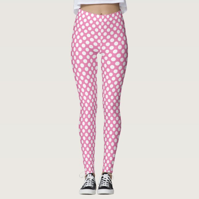 Legging Padrão de bolinhas branco na moda a rosa (Frente)