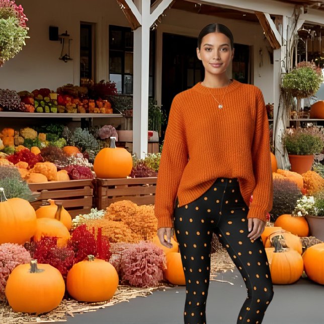 Legging Padrão de Bolinhas Laranja Preto Fofo (Cute Black Orange Polka Dots Pattern Leggings)