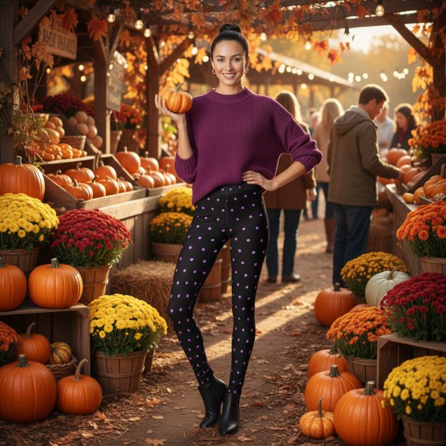 Legging Padrão de Bolinhas Roxo Preto-Corte (Cute Black Purple Polka Dots Pattern Leggings)