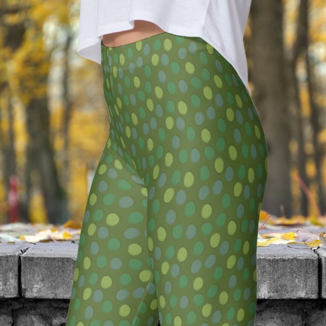 Legging Padrão de Bolinhas Verde Trendy e Verde-Oliva (Greens on Dark Olive Green Leggings)
