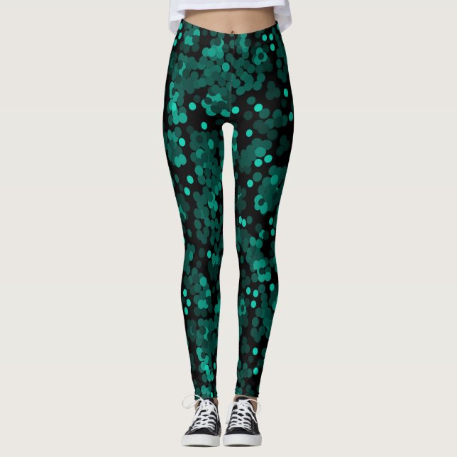 Legging Padrão de bolinhas verde turquesa a preto (Frente)