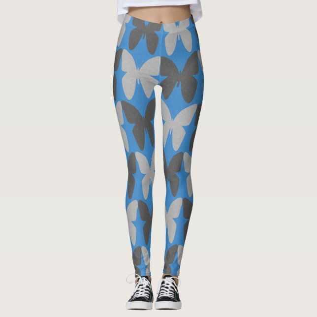 Legging Padrão de borboletas azuis e cinzas (Frente)