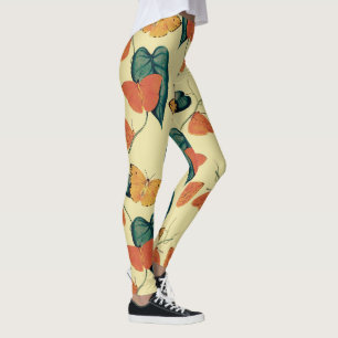 Legging Padrão de Borboletas e Folhas Vintage Elegante  