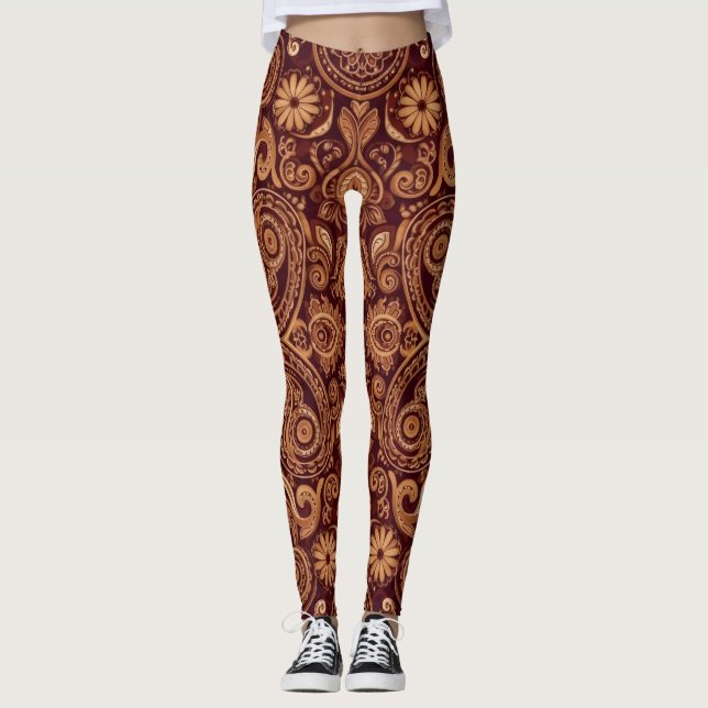 Legging Padrão de bordado de paisley de margarida grená Ar (Frente)