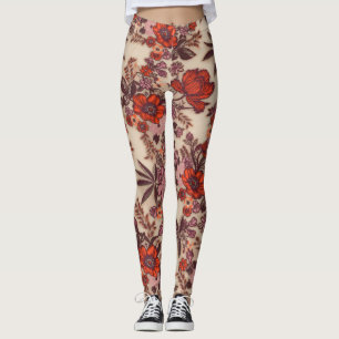 Legging Padrão de Bordado Floral Laranja com Brilho na Cre