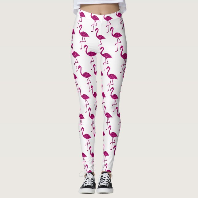 Legging Padrão de brilho rosa de flamingo brilhante branco (Frente)