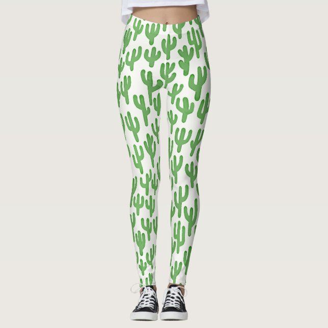 Legging Padrão de Cactus de Aquarela - Verde (Frente)