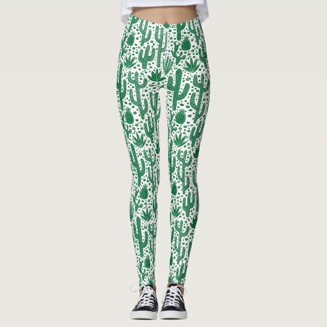Legging Padrão de Cactus - Floresta Verde e Branco (Frente)