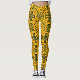 Legging Padrão de Caleidoscópio de Renda Verde e Dourado #