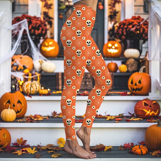 Legging Padrão de Caveiras e Flores de Halloween Laranja (Criador carregado)