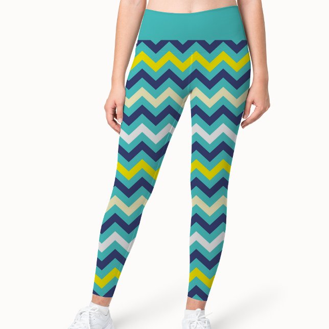 Legging Padrão de Chevron Amarelo Verde Azul Zigzag Bonito (Criador carregado)