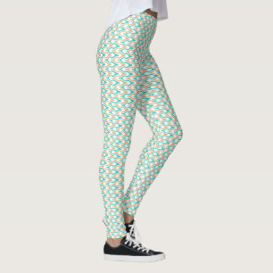 Legging Padrão de Chevron Ondulado Azul Turquesa e Bege