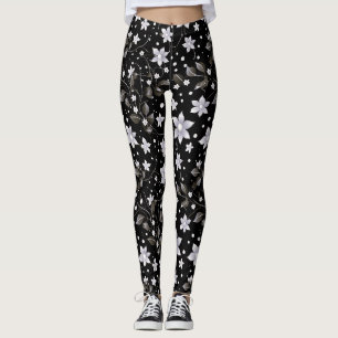 Legging Padrão de cinza e Flor Preto