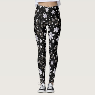 Legging Padrão de cinza e Flor Preto