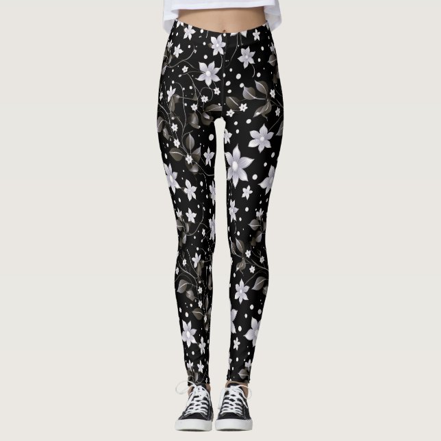 Legging Padrão de cinza e Flor Preto (Frente)