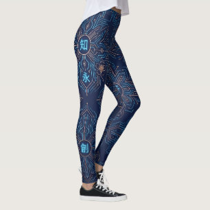 Legging Padrão de Circuito Neon Kanji Japonês Cyberpunk