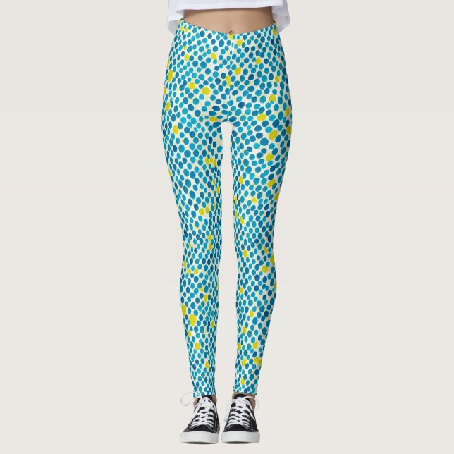 Legging Padrão de Círculo Abstrato Azul Amarelo em Aquarel (Frente)