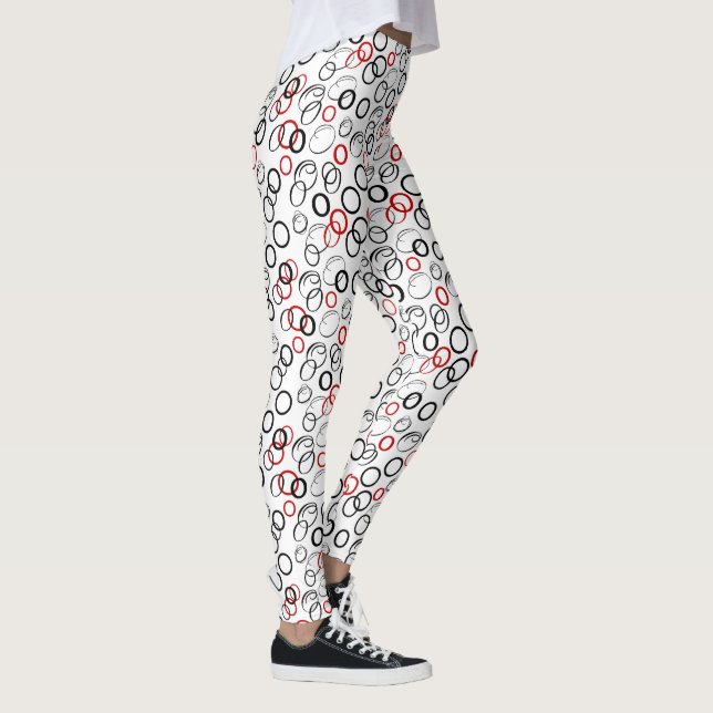 Legging Padrão de Círculo Abstrato Preto e Vermelho (Direita)