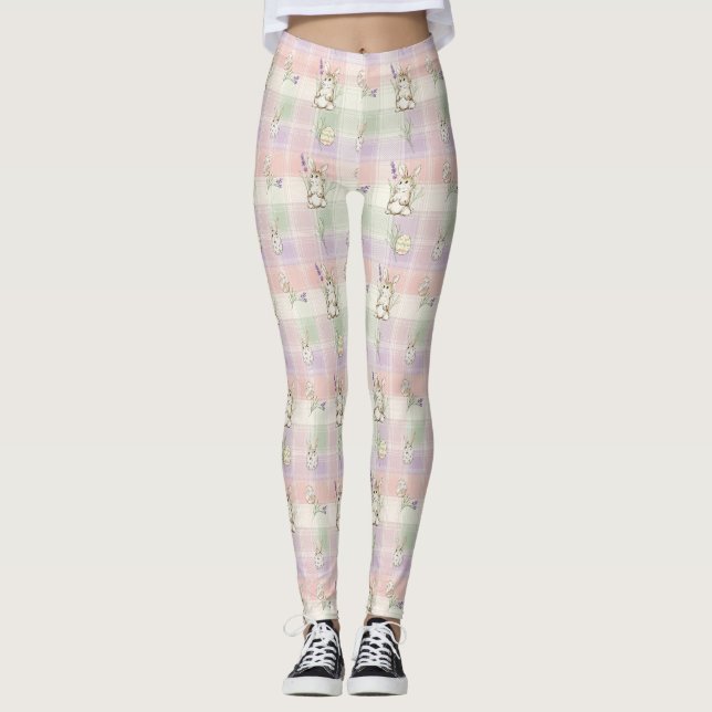 Legging Padrão de Coelho de Páscoa em Xadrez Pastel (2) (Frente)