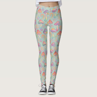 Legging Padrão de Cogumelo Arco-íris Pastel