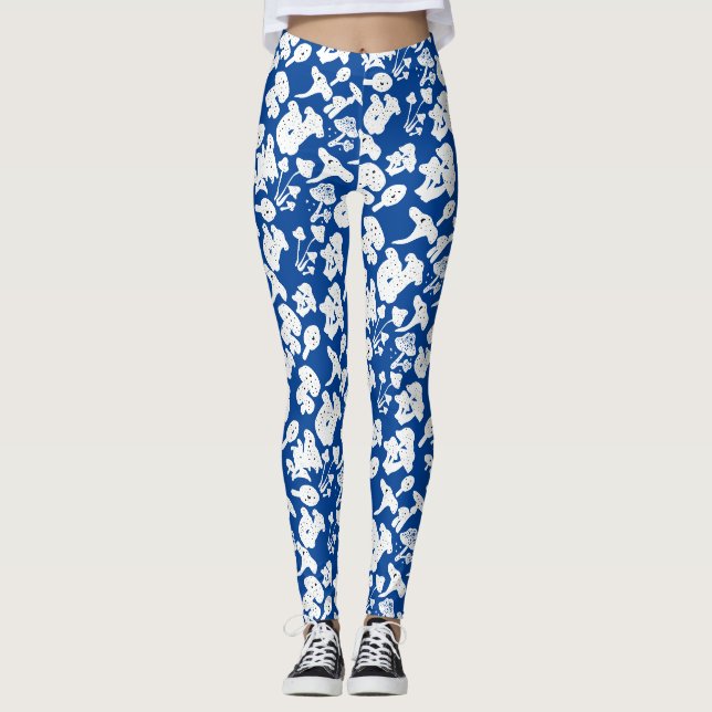 Legging Padrão de cogumelos pretos 01b Azul BG (Frente)