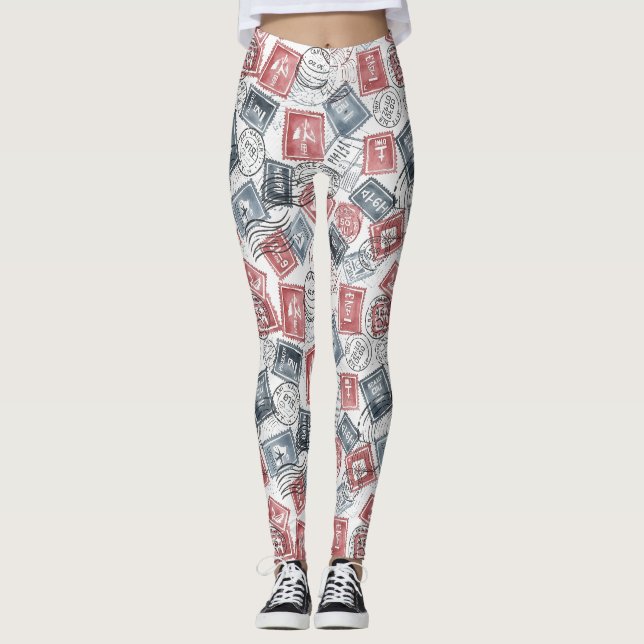 Legging Padrão de Colagem de Selos Postais Antigos (1) (Frente)