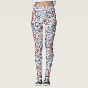 Legging Padrão de Colagem de Selos Postais Vintage (2)