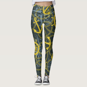 Legging Padrão de colheita náutica, âncora e mapa.